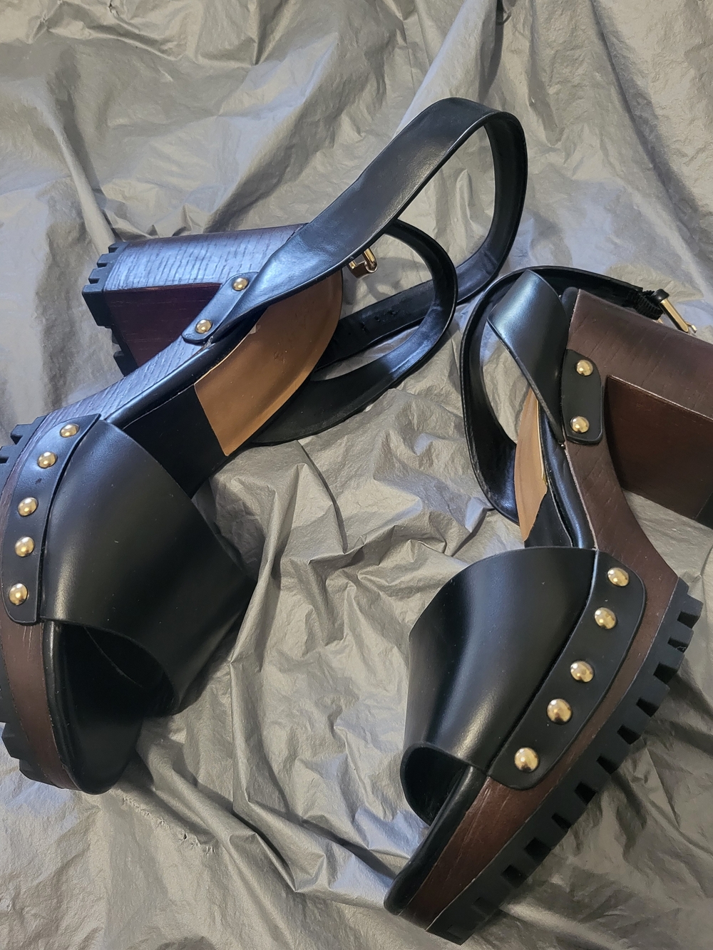 Zara Studded Black Leather Platform Sandals with Chunky Wood Heel